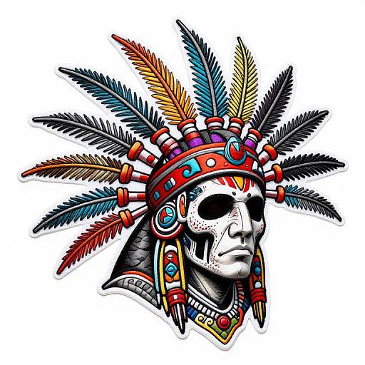 Colorful digital illustration of a Native American skull wearing a vibrant, feathered headdress with red, blue, and yellow feathers. Bold, intricate tribal