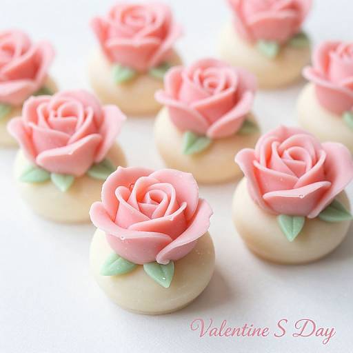 Photograph of pink sugar roses on round, beige cookies, with green leaves, arranged on white background, labeled 