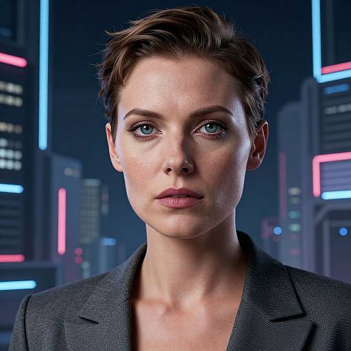 CGI portrait of a serious, blue-eyed woman with short brown hair, wearing a dark blazer, against a neon-lit cityscape background.