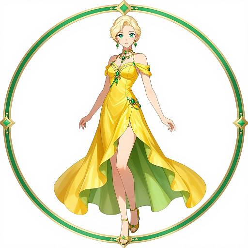 Elegant Female Character in Yellow Gown