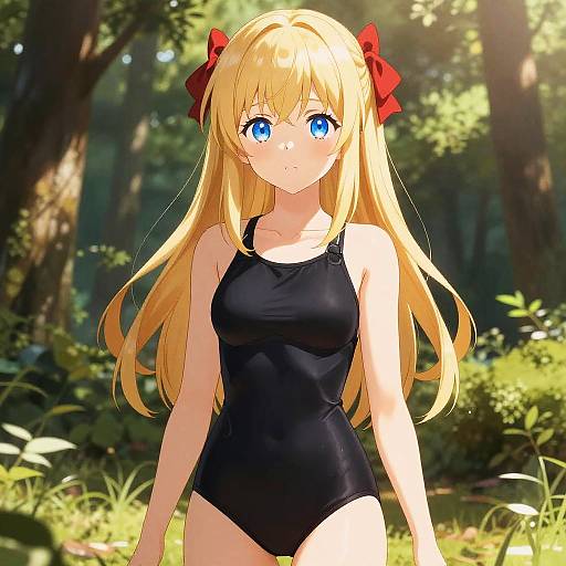 Anime Girl in Black Swimsuit in Sunlit Forest