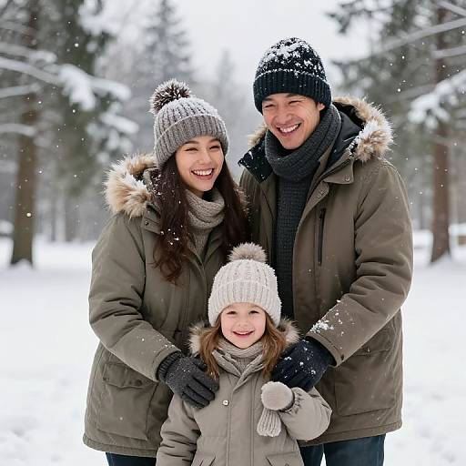 Photograph of a smiling Asian family in winter clothing, standing in a snowy forest. Mother, father, and daughter wear knit hats and gloves, with