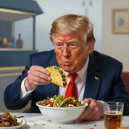 Photograph of Donald Trump in a dark suit with a red tie, eating a taco with lettuce and cheese, seated at a table with a bowl of