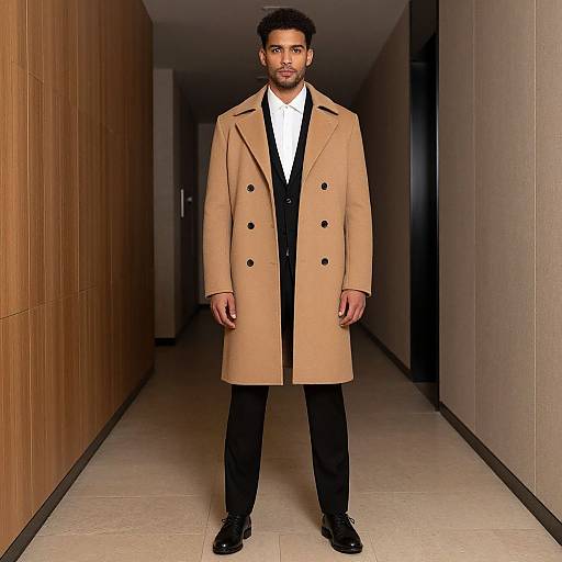 Photograph of a man with short dark hair and beard, wearing a beige double-breasted coat, white shirt, black tie, black pants, and