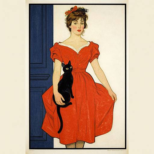 Digital illustration of a fair-skinned woman with red dress, black cat, red hair, and flower, standing before dark blue door.
