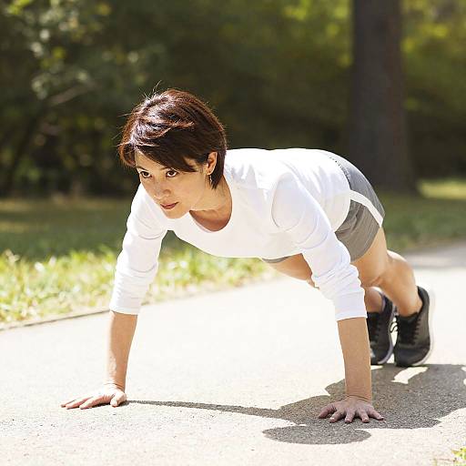 Woman Doing Push-Up on Sunlit Path