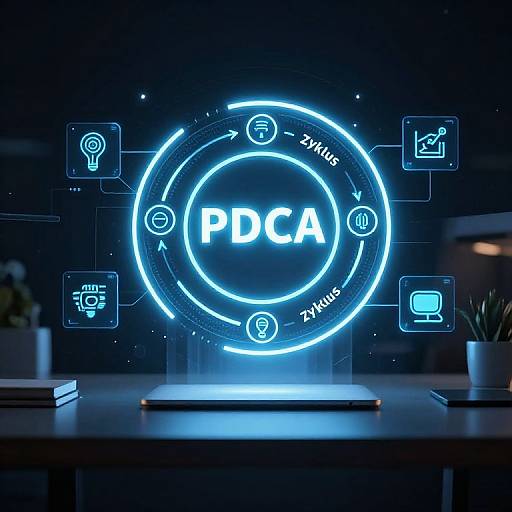 Digital CGI image of a glowing blue PDCA circular interface with icons, set on a dark table with books and plant.