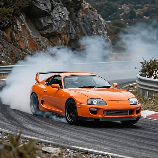 Photograph of a bright orange, high-performance sports car with black wheels, kicking up white smoke as it speeds around a mountainous, winding road.