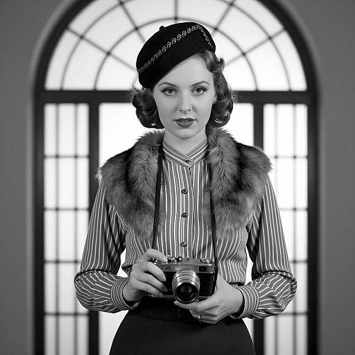 Black-and-white photograph of a 1940s-style woman with wavy hair, beret, fur collar, striped blouse, holding a vintage camera