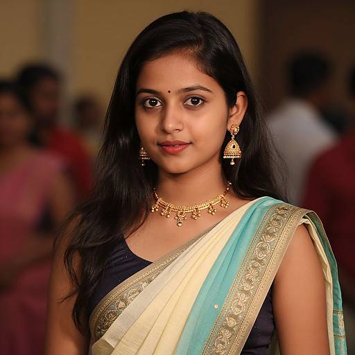Photograph of a young Indian woman with long black hair, wearing a turquoise and cream sari, black blouse, gold jewelry, and traditional earrings,