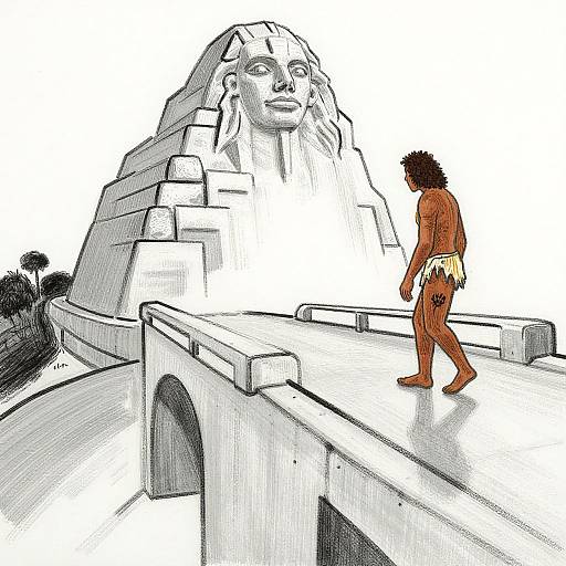 Illustration of a topless, brown-skinned man with curly hair and a loincloth walking on a bridge past a large, stone statue with