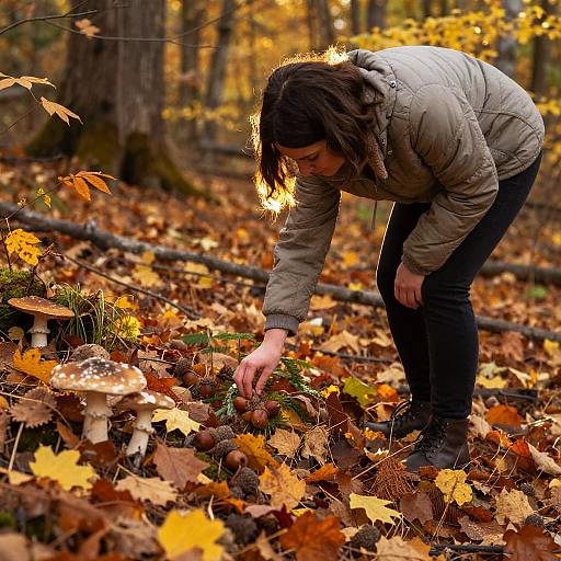 Photograph of a woman with brown hair, wearing a gray jacket and black pants, bending to pick a mushroom in a forest covered in vibrant autumn leaves