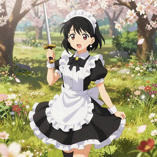 Anime-style illustration of a cute black-haired girl in a black and white maid outfit, holding a sword in a sunlit, blooming cherry blossom garden