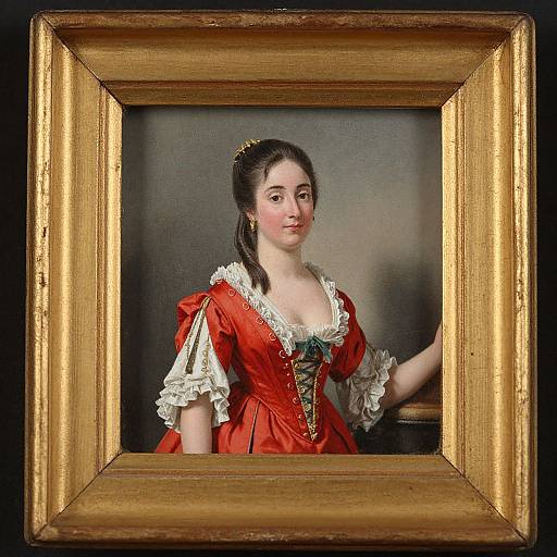 18th-century oil painting of a fair-skinned woman with dark hair, wearing a red corseted dress with white lace, framed in a gold