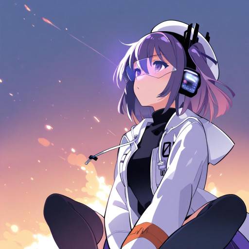 Anime Girl with Headphones at Sunset