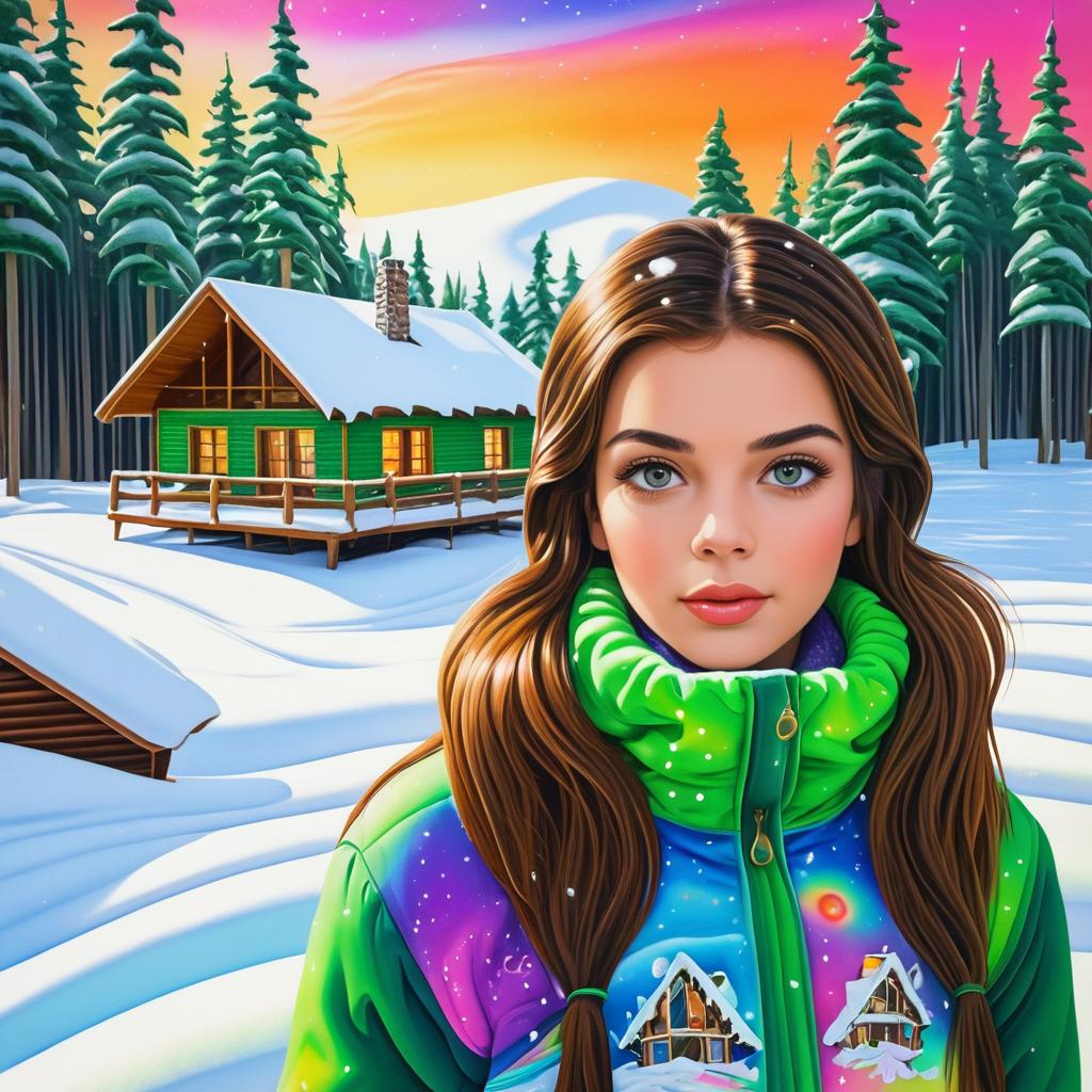 Surreal Girl in Snowy Cabin Dreamscape