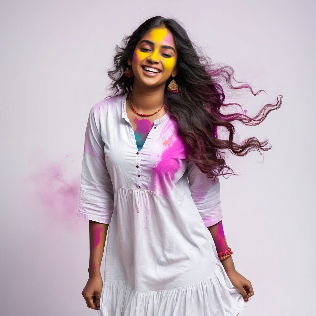 Cheerful Young Woman in Colorful Holi Fest