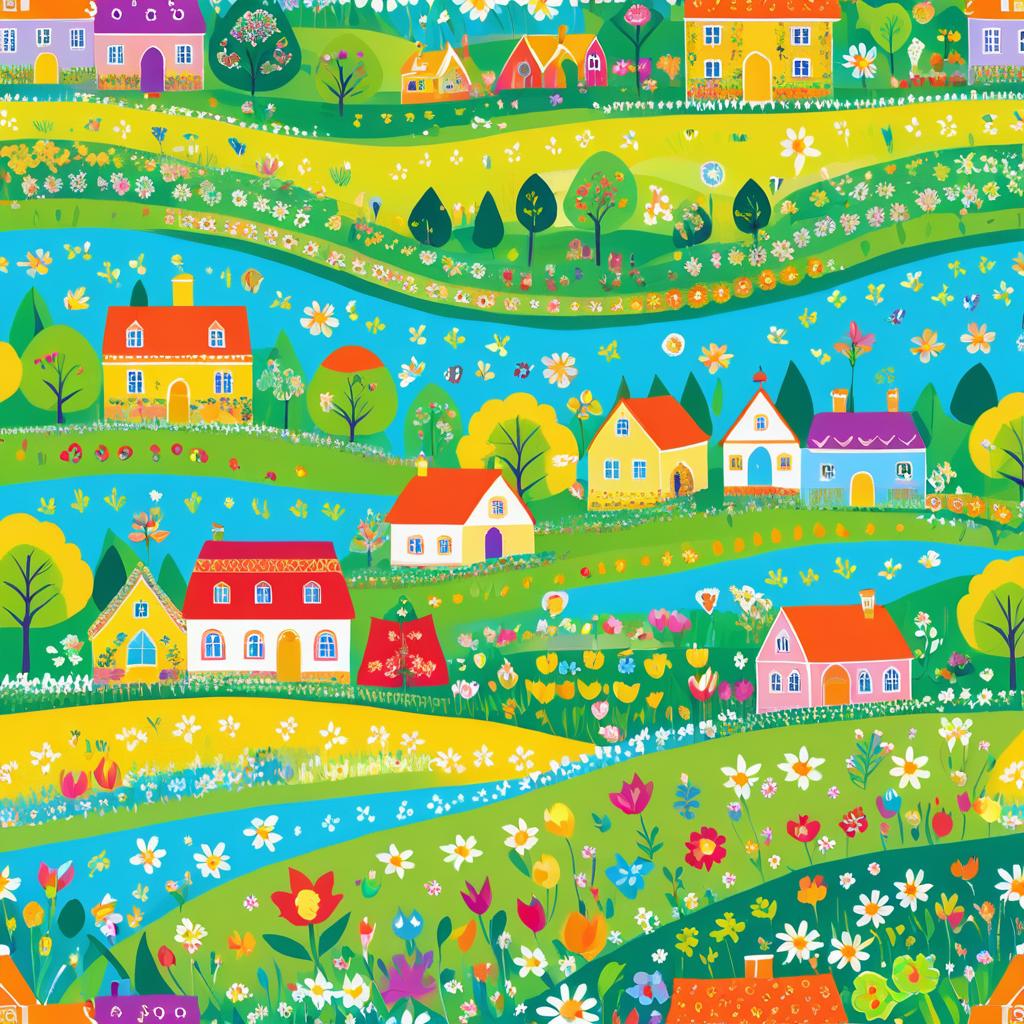 Whimsical Spring Village in Folk Art