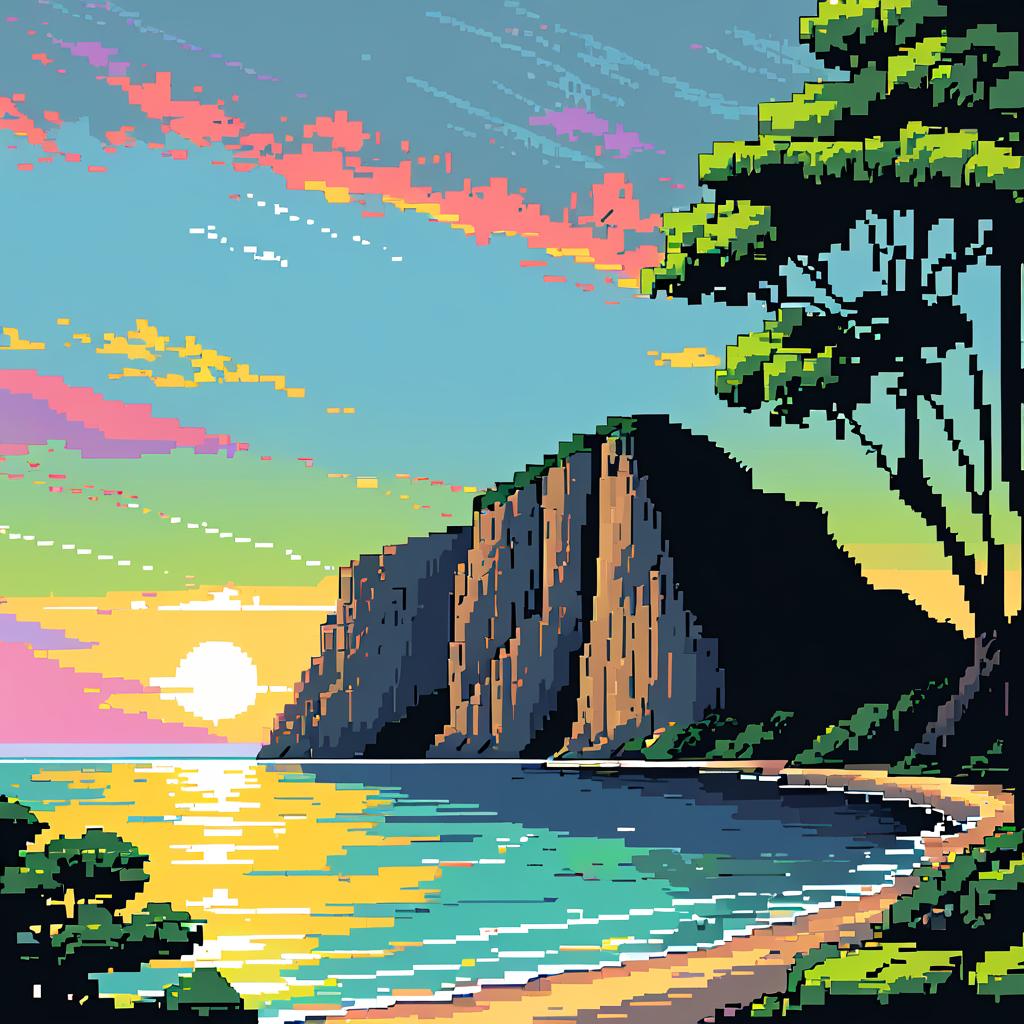 Pixel Art of a Serene Bay Scene