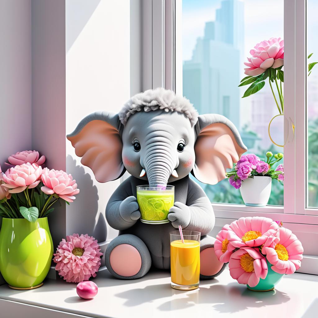 Whimsical Gray Elephant Enjoying Smoothie