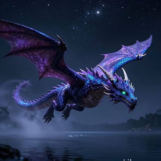 Digital artwork of a glowing blue dragon with purple wings soaring over a starry night sky above a calm, reflective lake.