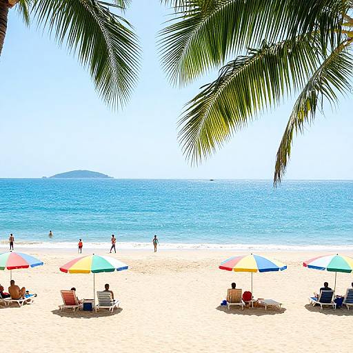 Photograph of a sunny beach with palm trees, colorful umbrellas, sunbathers, and people walking near the calm blue ocean.