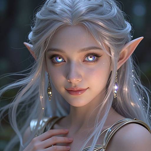 Digital artwork of a beautiful elf woman with glowing blue eyes, long silver hair, pointed ears, and elegant gold earrings, set against a dark, blurred