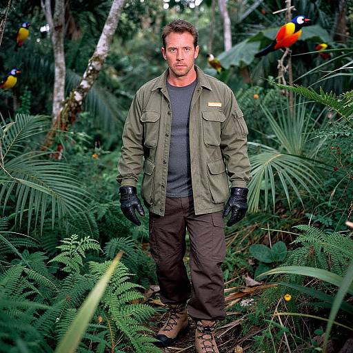 Photograph of a muscular man with short brown hair, wearing a green military-style jacket, black gloves, dark pants, and boots, standing in a
