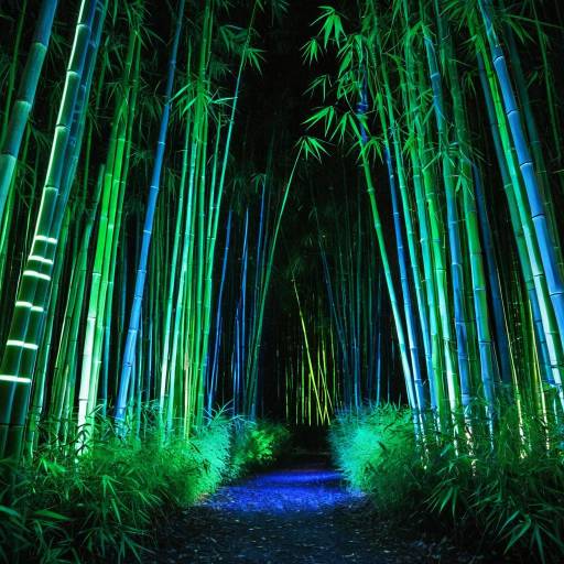 Neon Lit Bamboo Grove at Night