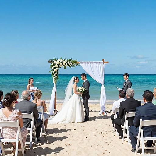 Photograph of a beach wedding ceremony with bride in white gown, groom in black suit, officiant, and guests seated under a floral arch.