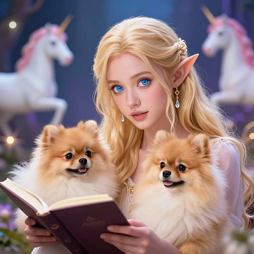 Photorealistic Blonde Elf Studying Magic