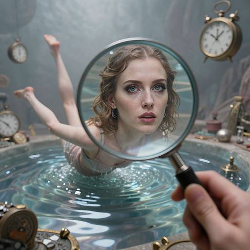 Photograph of a young woman with wavy brown hair, blue eyes, and pale skin, floating in water, viewed through a magnifying glass,