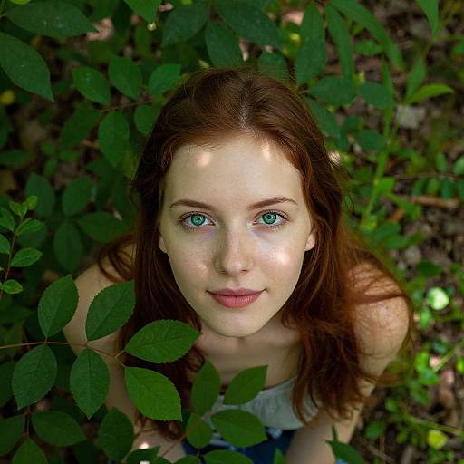 Photograph of a fair-skinned woman with green eyes, red hair, and freckles, looking up through lush green leaves in a forest.