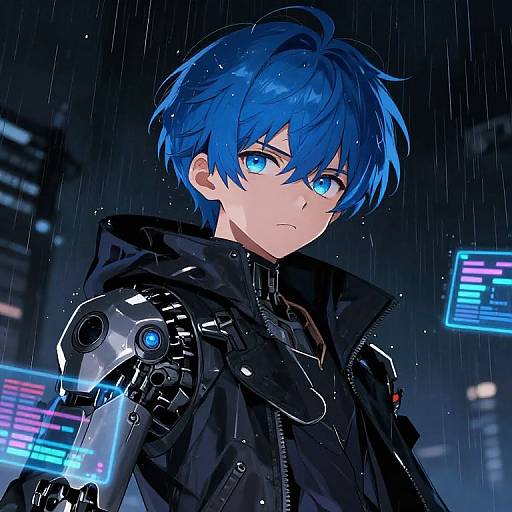 Digital anime-style drawing of a blue-haired, blue-eyed young man in a black, high-tech raincoat, holding a glowing cybernetic arm,