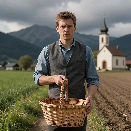 Man Holding Wicker Basket in Rural Field