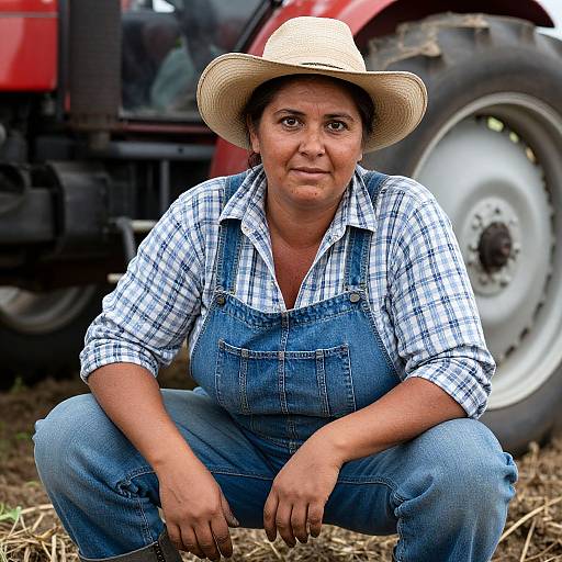Middle-aged woman in plaid shirt and denim overalls, wearing a straw hat, crouches in front of a red tractor wheel. Photoreal