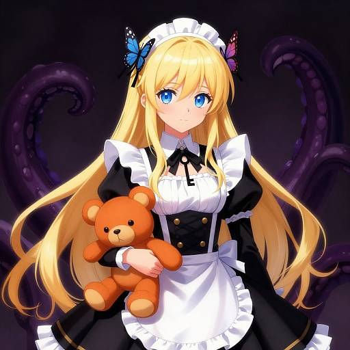Anime-style digital illustration of a blonde girl with blue eyes, wearing a black and white maid outfit, holding an orange teddy bear, with butterfly hair