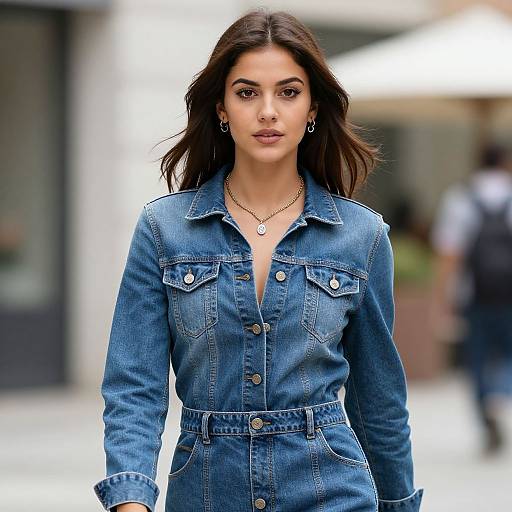 Photograph of a confident woman with long dark hair, wearing a blue denim button-up dress, gold necklace, and earrings, walking outdoors.