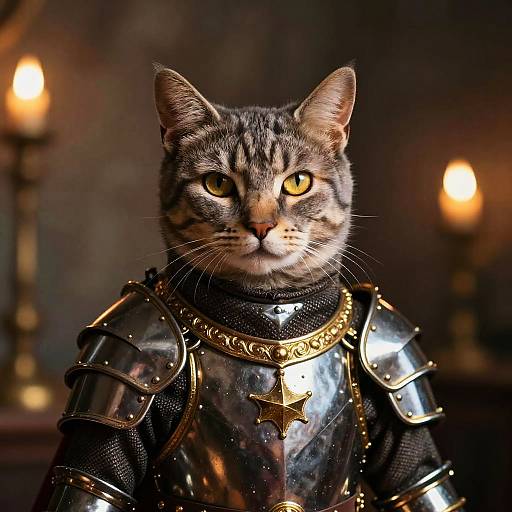 Photograph of a tabby cat with yellow eyes, wearing shiny medieval armor with a star emblem, illuminated by candlelight in a dark, rustic background