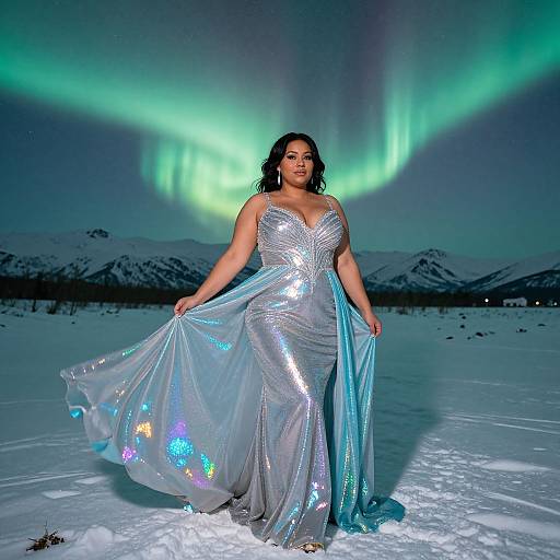 Photograph of a curvy woman with dark hair in a sparkling silver gown with blue iridescent fabric, standing in snowy landscape under vibrant green aur