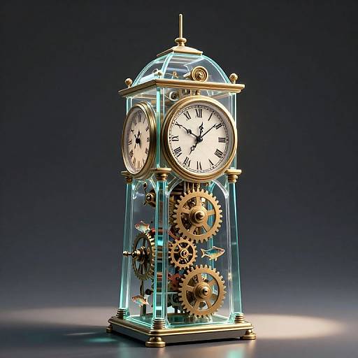 Digital rendering of a transparent, gold-accented clock with intricate gear mechanisms inside, set against a dark gradient background.