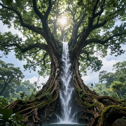 Photograph of a majestic tree with sprawling roots and a cascading waterfall at its base, surrounded by lush greenery and sunlight filtering through leaves.
