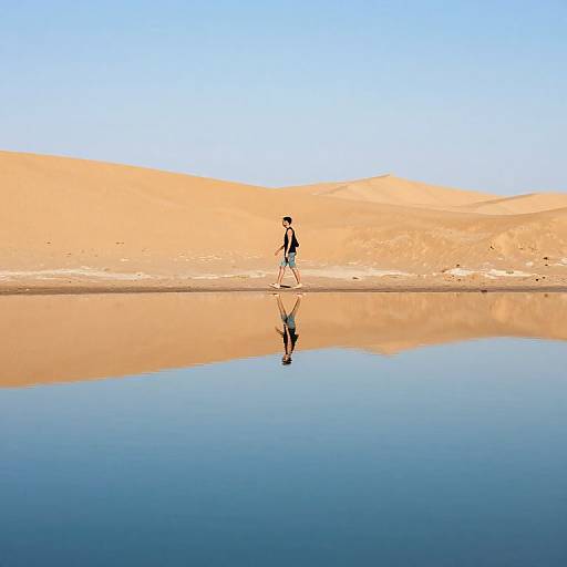 Photograph of a solitary runner in black and white attire, walking on a sandy desert shore with a reflective blue water pool beneath, under a clear,