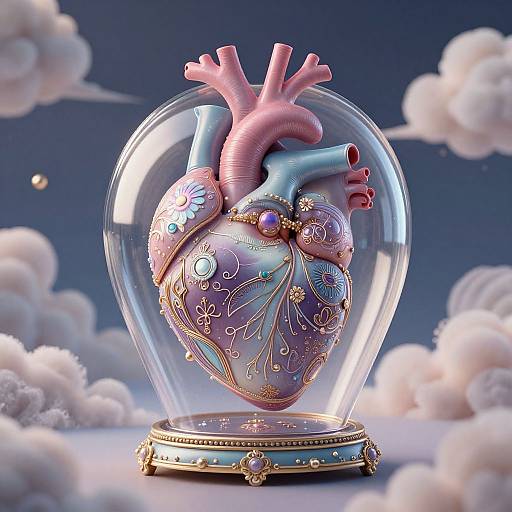 Digital art: Detailed, colorful, ornate heart in a transparent dome with celestial background, adorned with gold and gem-like patterns, set on a decorative