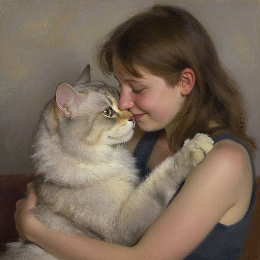 Photograph of a young woman with light brown hair, wearing a sleeveless blue top, gently hugging and kissing a large, fluffy gray tabby