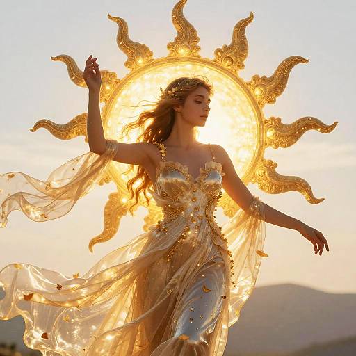 Photograph of a woman with long brown hair, wearing a golden, sun-themed, radiant dress with sunburst halo, glowing against a sunset sky,