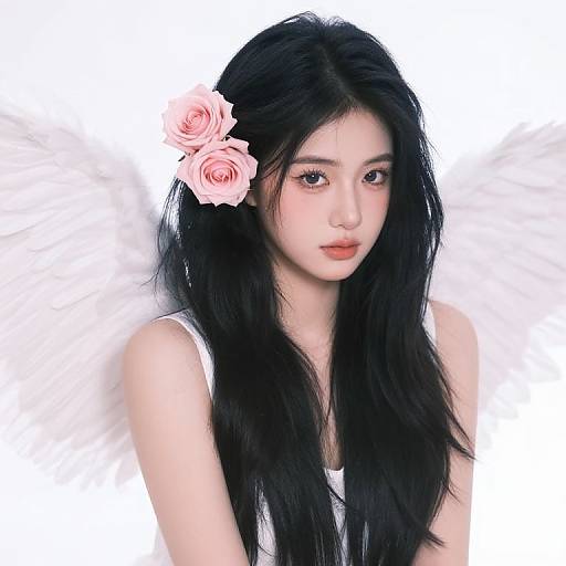 Female Angel with Black Hair and Roses