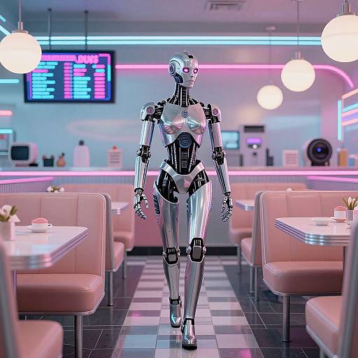 Neon-lit diner with a silver humanoid robot walking between pink booths, checkered floor, and glowing menu board in the background.