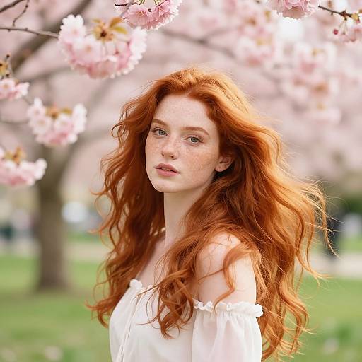 Photograph of a fair-skinned, red-haired woman with freckles, wearing a white off-shoulder top, standing amidst blooming pink