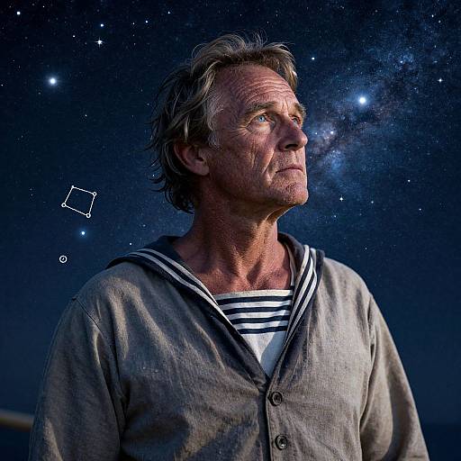 Photograph of a middle-aged man with tousled gray hair, wearing a gray cardigan over a striped shirt, gazing at a starry night